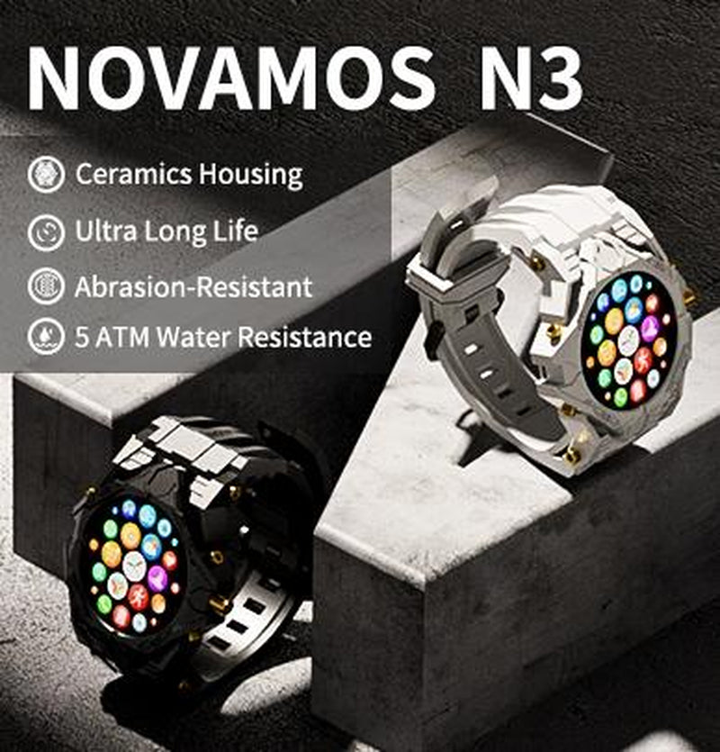 Novamos N3 Ceramic Smartwatch: Men'S Only High-Tech Wear | Fluoroelastomer Skin-Friendly Strap | Multifunctional Health Tracking | Water & Wear Resistant | Bluetooth Music & Notifications Devices Wearable Monitoring