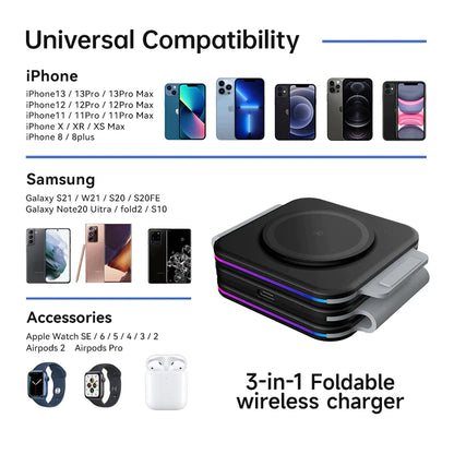 3 in 1 Foldable Magnetic Wireless Charger for Iphone 14 13 12 11 Pro Max Portable Wireless Charger for Apple Watch 8 7 6 Airpods